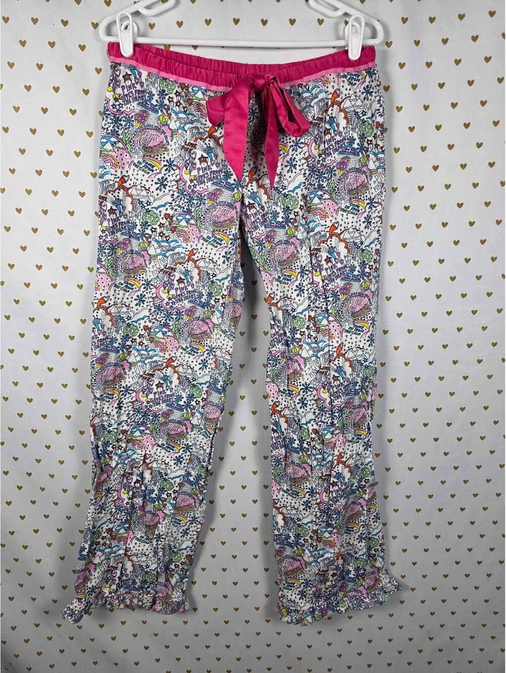 Victorias Secret Pink Vintage Doodle Ruffled XS  Sleep Pants Pajama PJ Bottoms